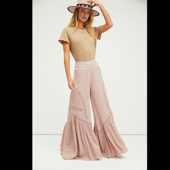 Free People Lovin Easy Lace Pants Trousers Size L Boho Tan - Picture 3 of 17